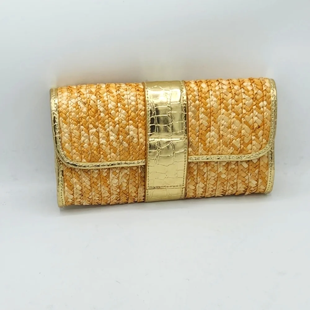 Big Buddha Straw Faux Leather Gold Crocs Trim Accents Fold Over Clutch